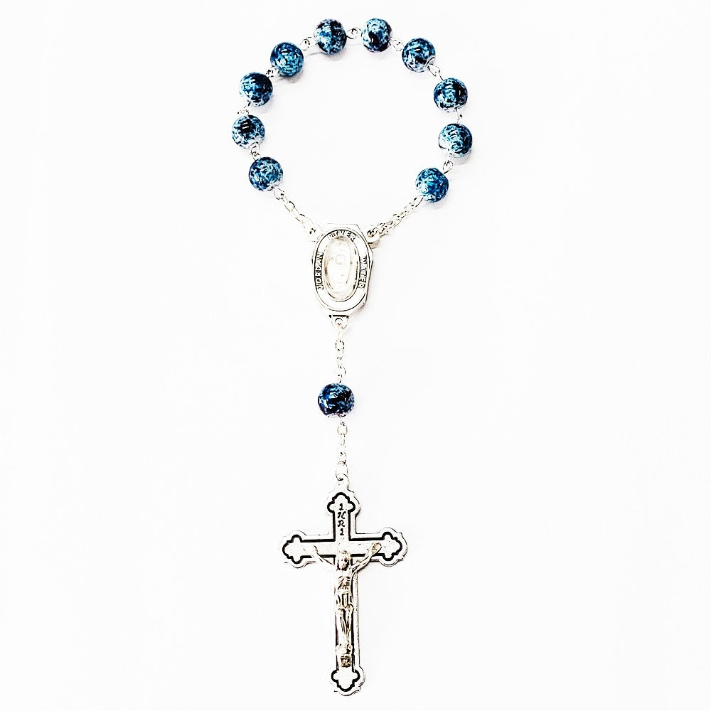 Bracelet Rosary Blue Flecked Beads with Jordan River Water Capsule