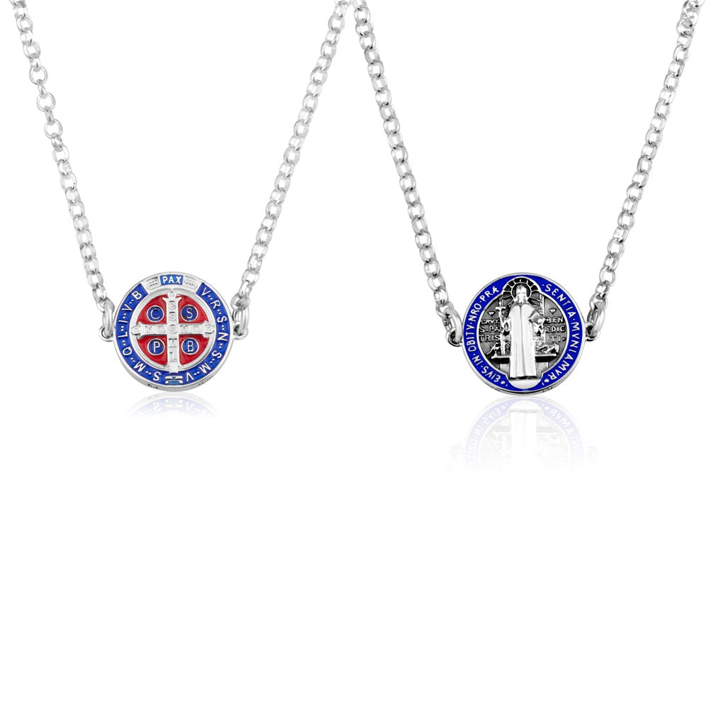 Necklace - St. Benedict, two sided - Sterling Silver with polished blue & red enamel