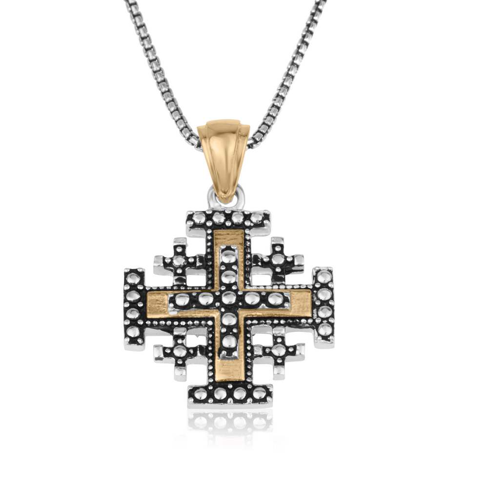 Pendant - Jerusalem Cross 14k Gold Plated with Sterling Black/Silver detail