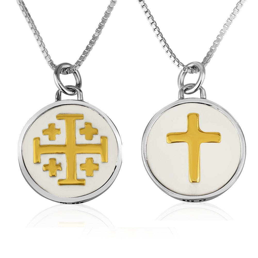 Pendant - Jerusalem Cross, two sided - Sterling Silver, polished white enamel & 14k gold plated