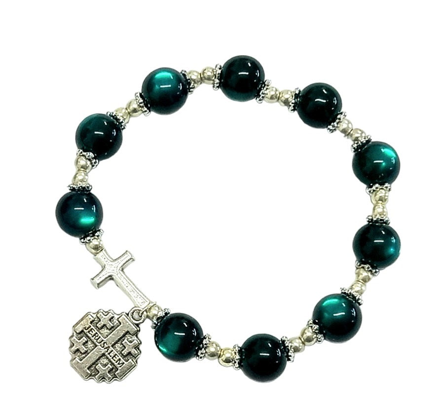 Bracelet Elastic Deep Green Beads with Cross and Jerusalem Cross Charm