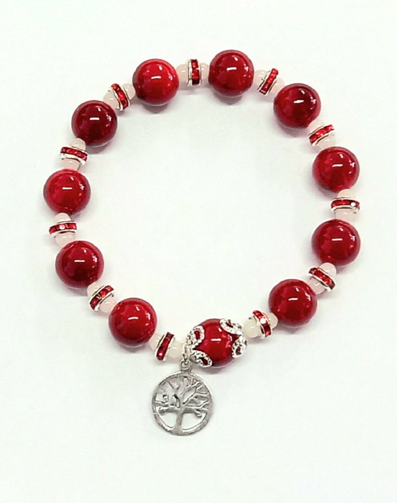 Bracelet Elastic Ruby Red with Tree of Life Pendant