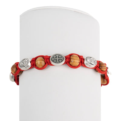 Bracelet Mary Magdalena, Jerusalem Cross & Olive Wood Beads - Red