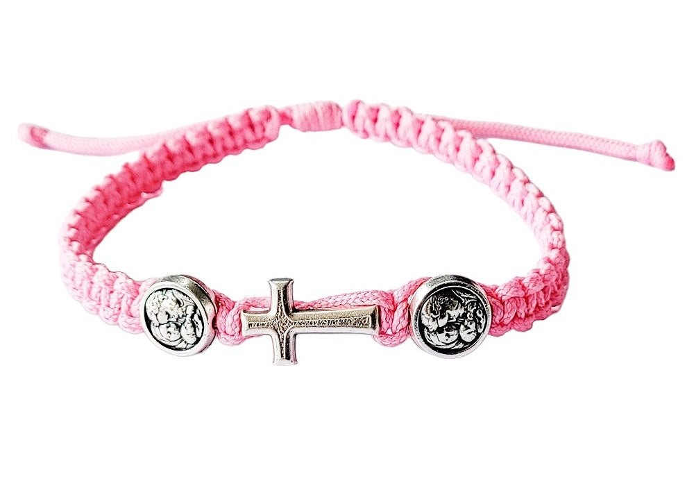 Bracelet Cross and The Holy Family - Baby Pink