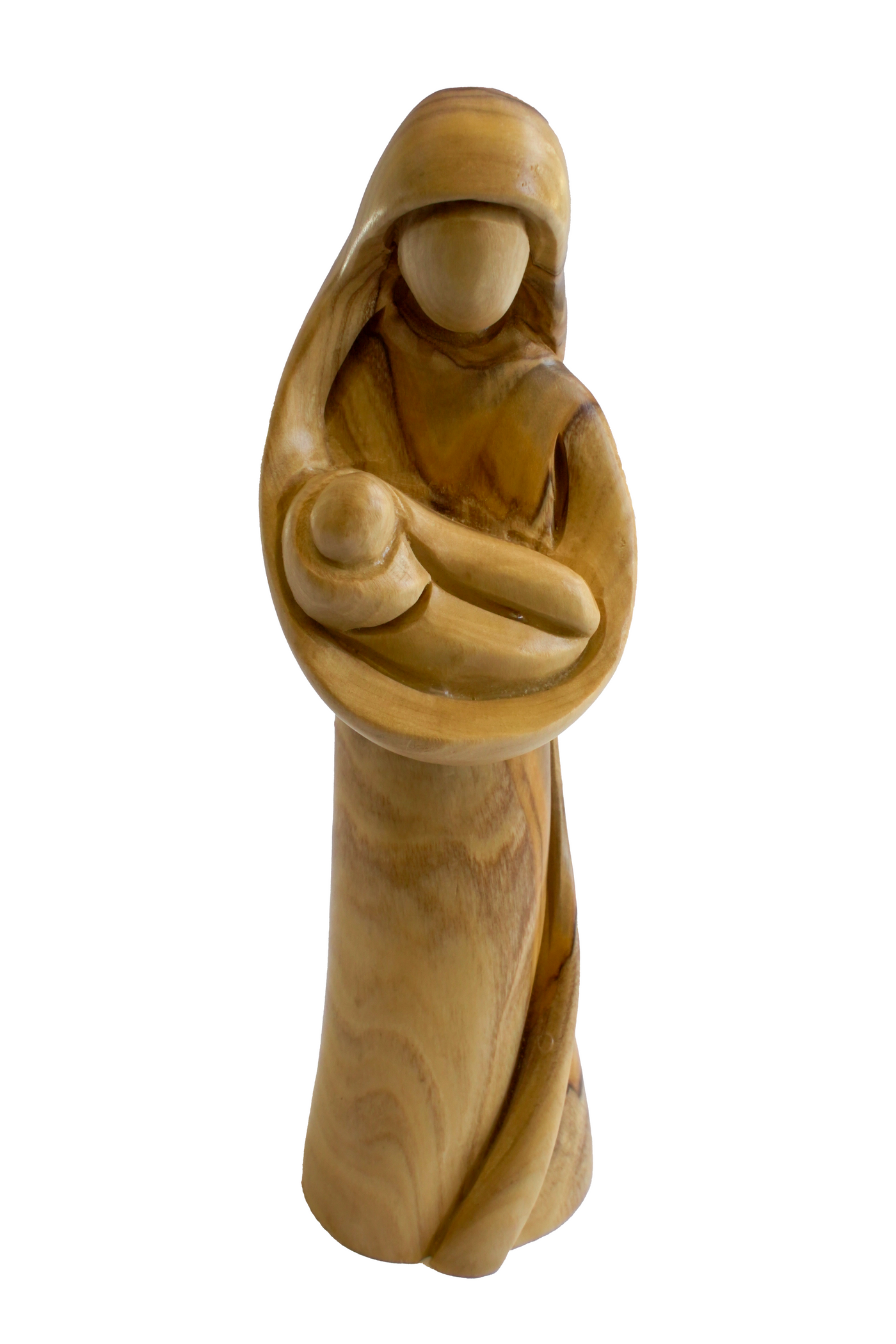 Figura de La Virgen María con el Niño Jesús - Madera de Olivo Fabricada en Belén, 18 cm