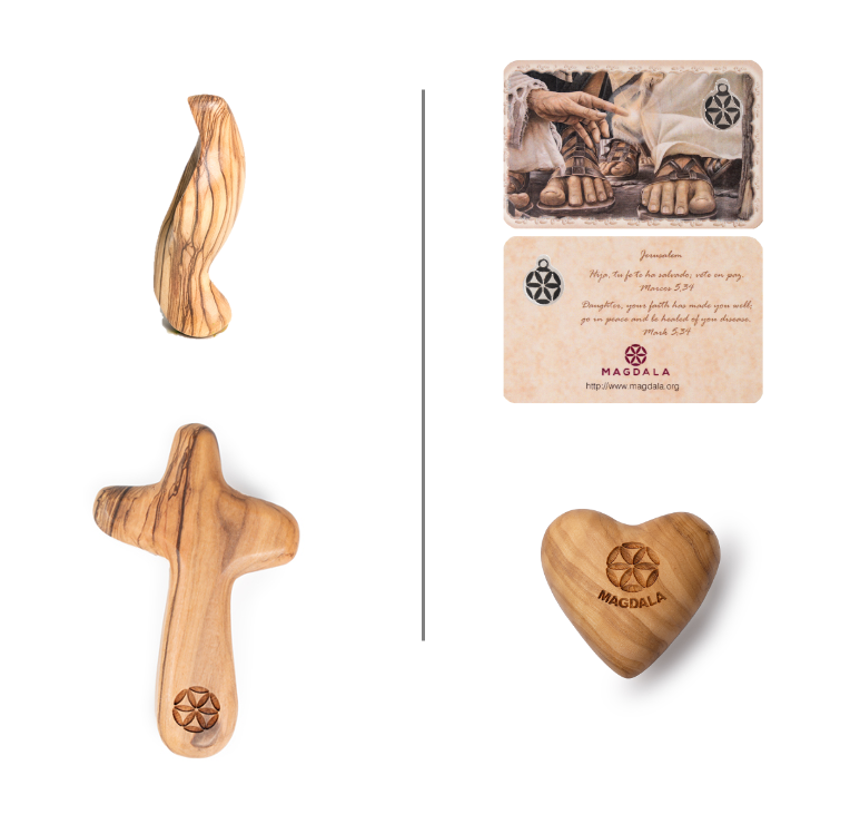 Pilgrimage of prayer kit composed of hold tight cross, comfort mary, heart and encounter chapel prayer card