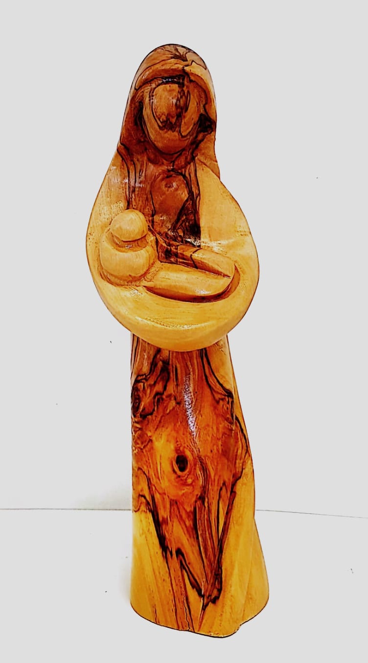Figura de La Virgen María con el Niño Jesús - Madera de Olivo Fabricada en Belén, 18 cm