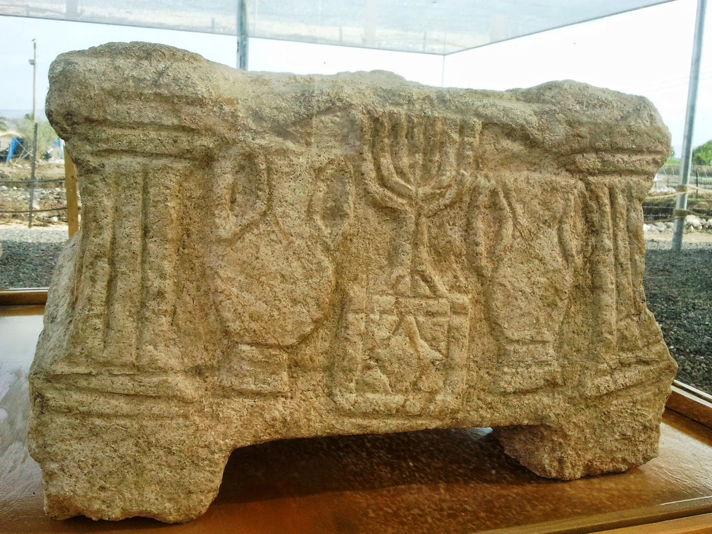 ancient menorah found on the magdala stone in magdala hometown of mary magdalene
