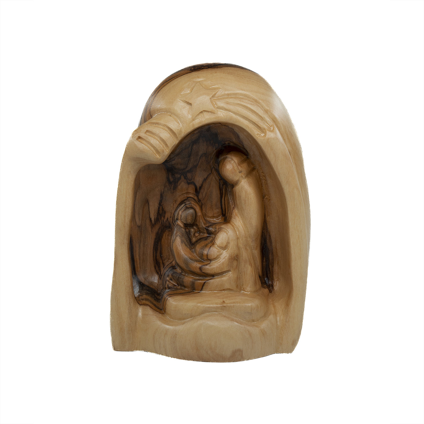 GROTTO EGG WITH HOLY FAMILY OLIVE WOOD ART